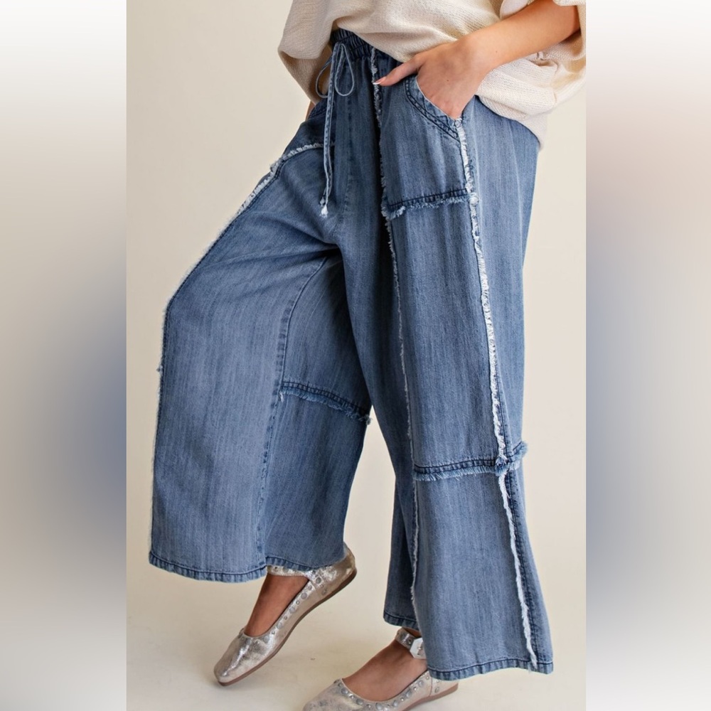 1X -3X 362 ❤️ EASEL BLUE SELF FRAY WASHED CHAMBRAY PALAZZO
PLUS PANTS - Picture 2 of 5